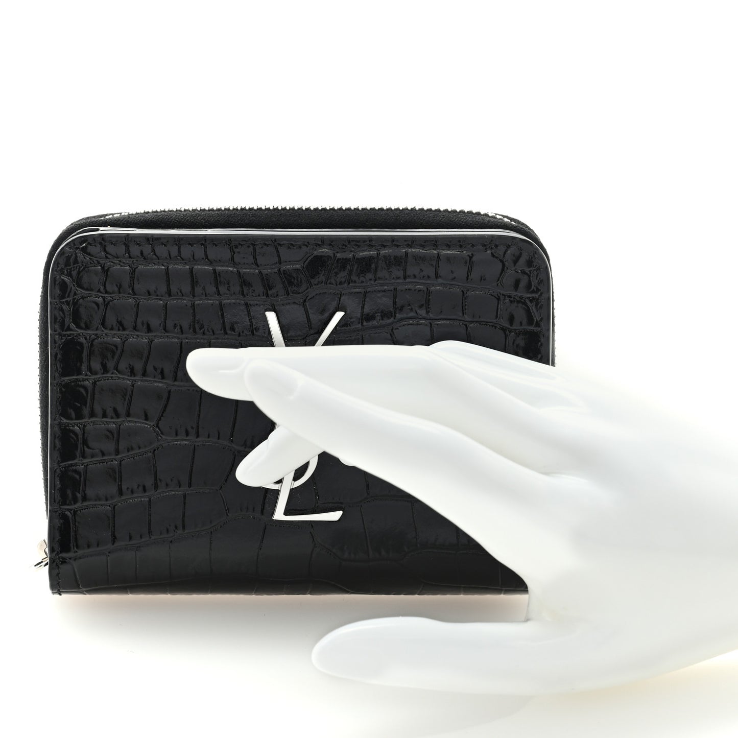 Calfskin Crocodile Embossed Monogram Compact Wallet Black