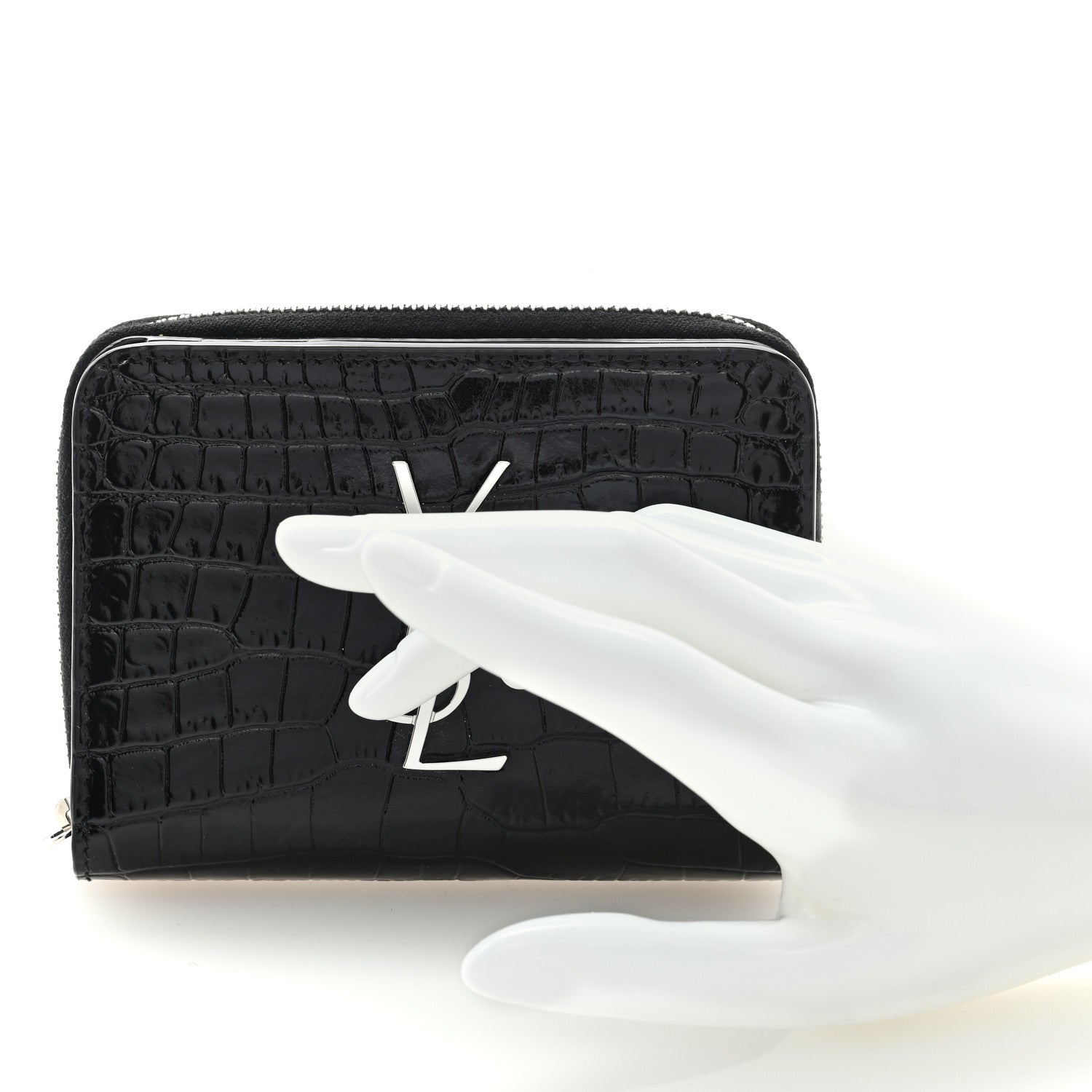 Saint Laurent Calfskin Crocodile Embossed Monogram Compact Wallet Black 2 of 6