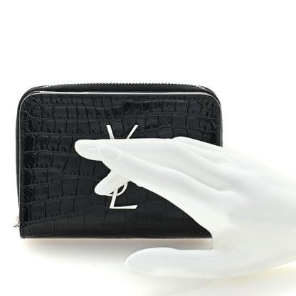 Saint Laurent Calfskin Crocodile Embossed Monogram Compact Wallet Black 2 of 6