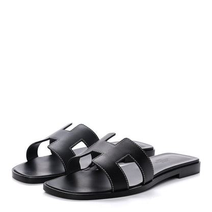Hermes Box Calfskin Oran Sandals 36.5 Black 3 of 10