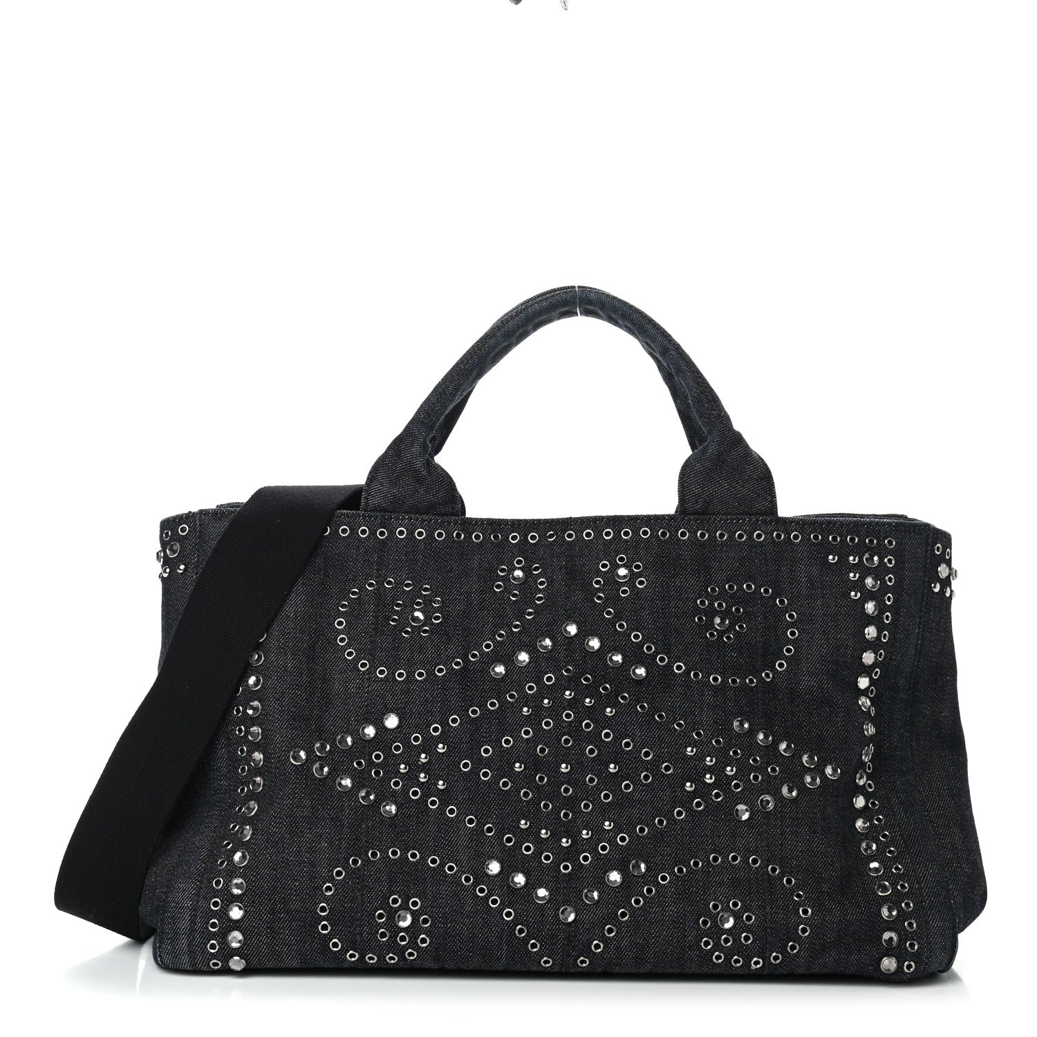 Prada Denim Crystal Studded Canapa Tote Black 1 of 11