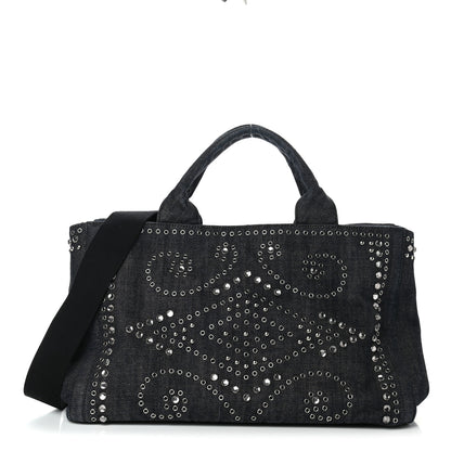 Prada Denim Crystal Studded Canapa Tote Black 1 of 11