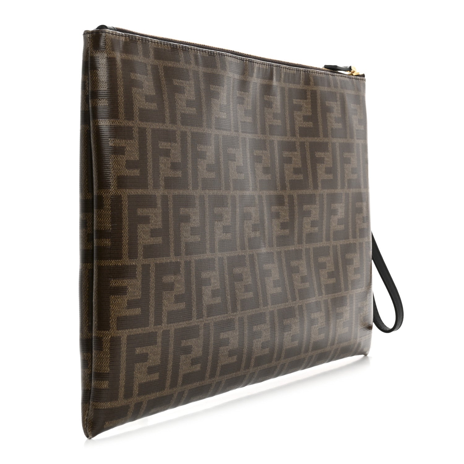 Fendi Glazed Fabric Vitello Century FF 1974 Stamp Patch Large Flat Pouch Mogano Panna Black 3 of 12
