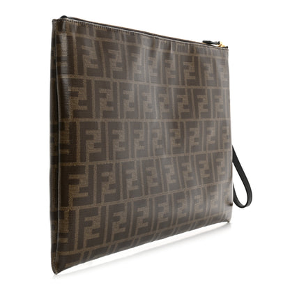 Fendi Glazed Fabric Vitello Century FF 1974 Stamp Patch Large Flat Pouch Mogano Panna Black 3 of 12