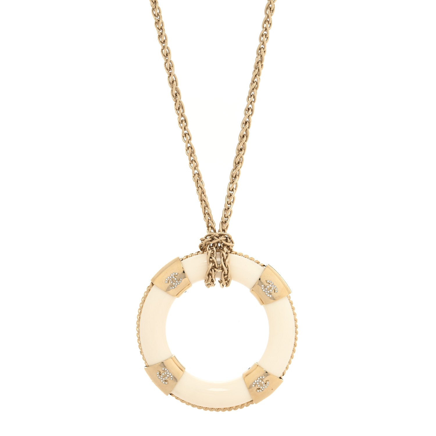 Chanel Resin Crystal CC Lifesaver Pendant Necklace Golden White 1 of 3