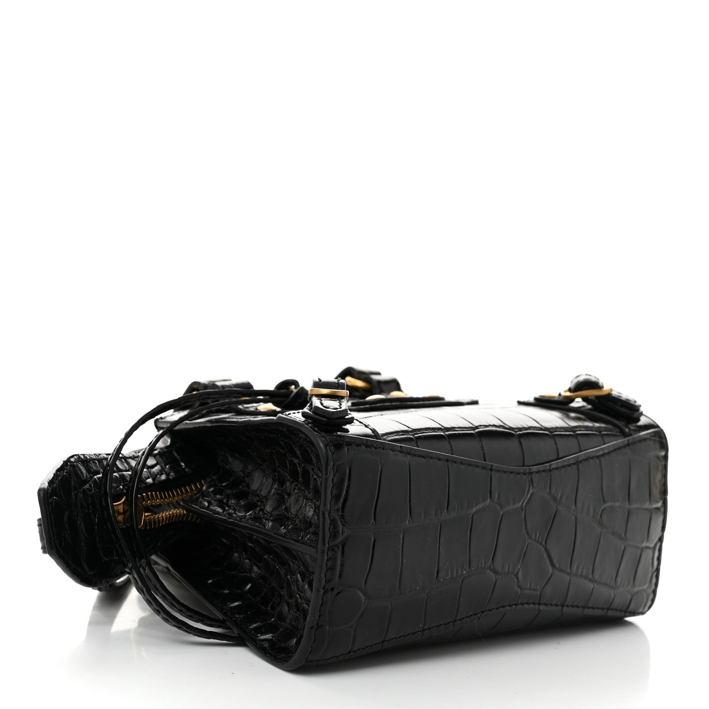 Shiny Supple Calfskin Crocodile Embossed Neo Classic Gold Hardware Nano City Crossbody Black