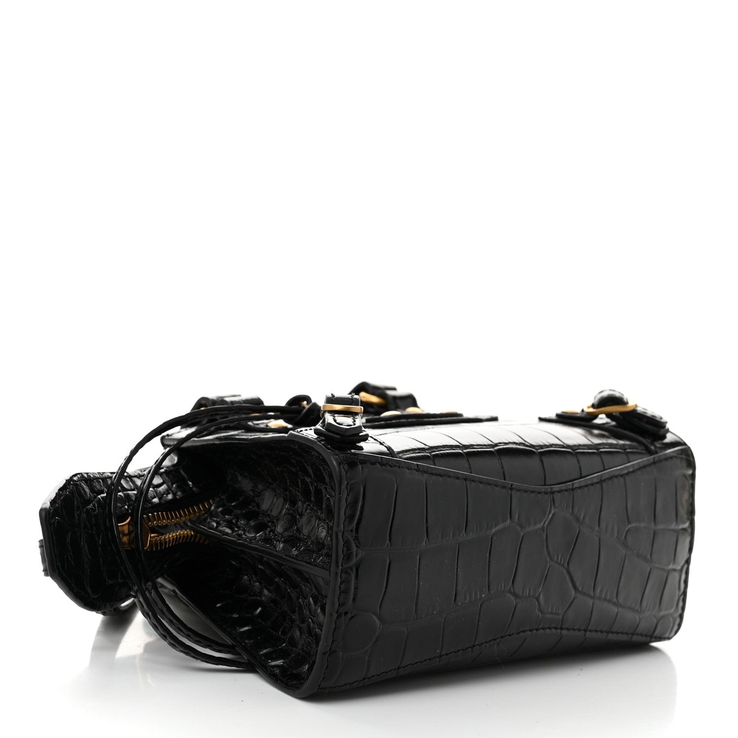 Balenciaga Shiny Supple Calfskin Crocodile Embossed Neo Classic Gold Hardware Nano City Crossbody Black 4 of 10