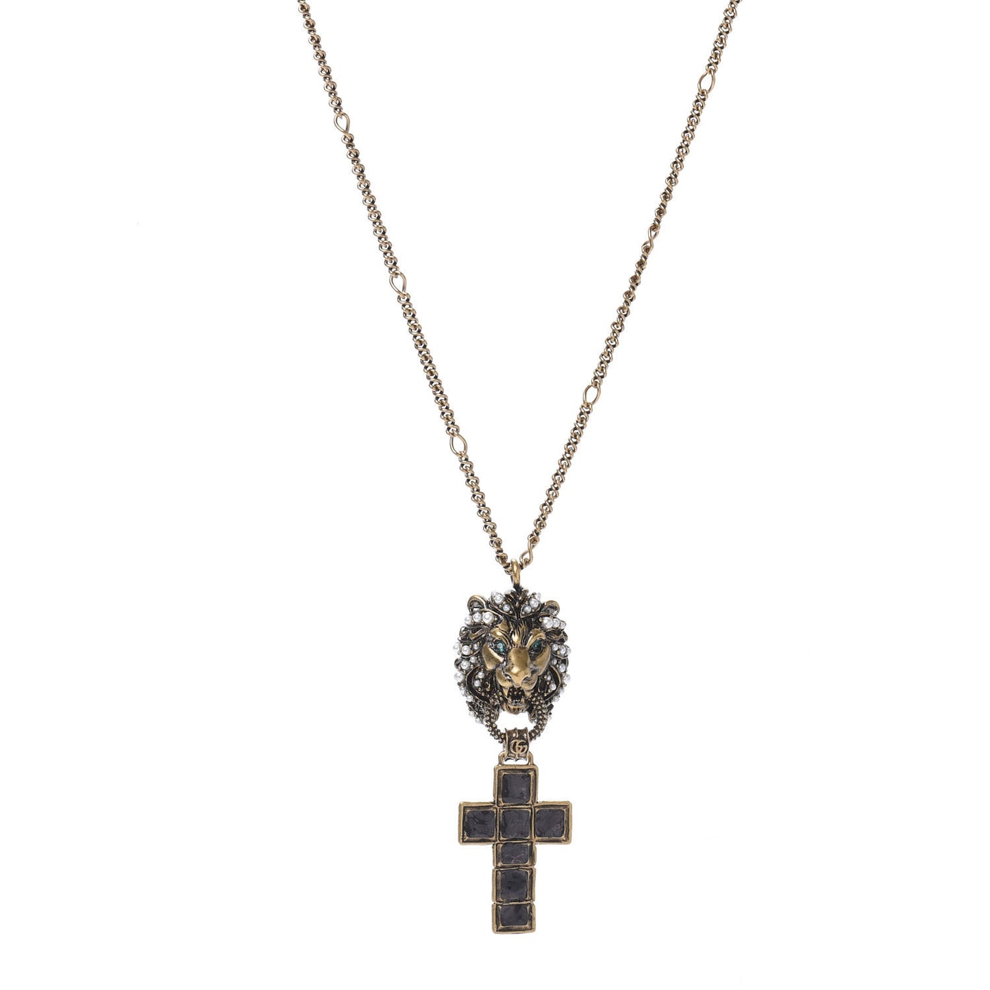 Metal Lion Head Pearl Crystal Crucifix Necklace Aged Gold