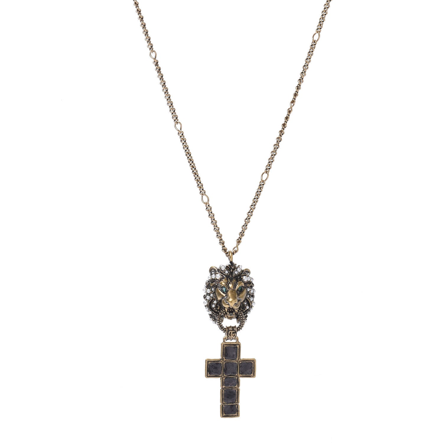 Gucci Metal Lion Head Pearl Crystal Crucifix Necklace Aged Gold 1 of 4