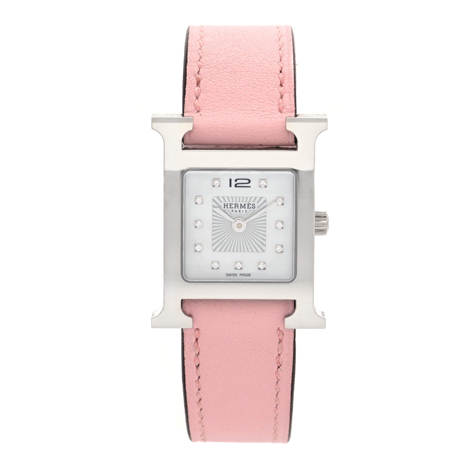 Hermes Stainless Steel Swift Diamond Mother of Pearl 21mm Heure H Hour Quartz Watch Rose Sakura 1 of 5