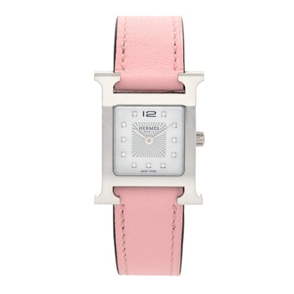 Hermes Stainless Steel Swift Diamond Mother of Pearl 21mm Heure H Hour Quartz Watch Rose Sakura 1 of 5