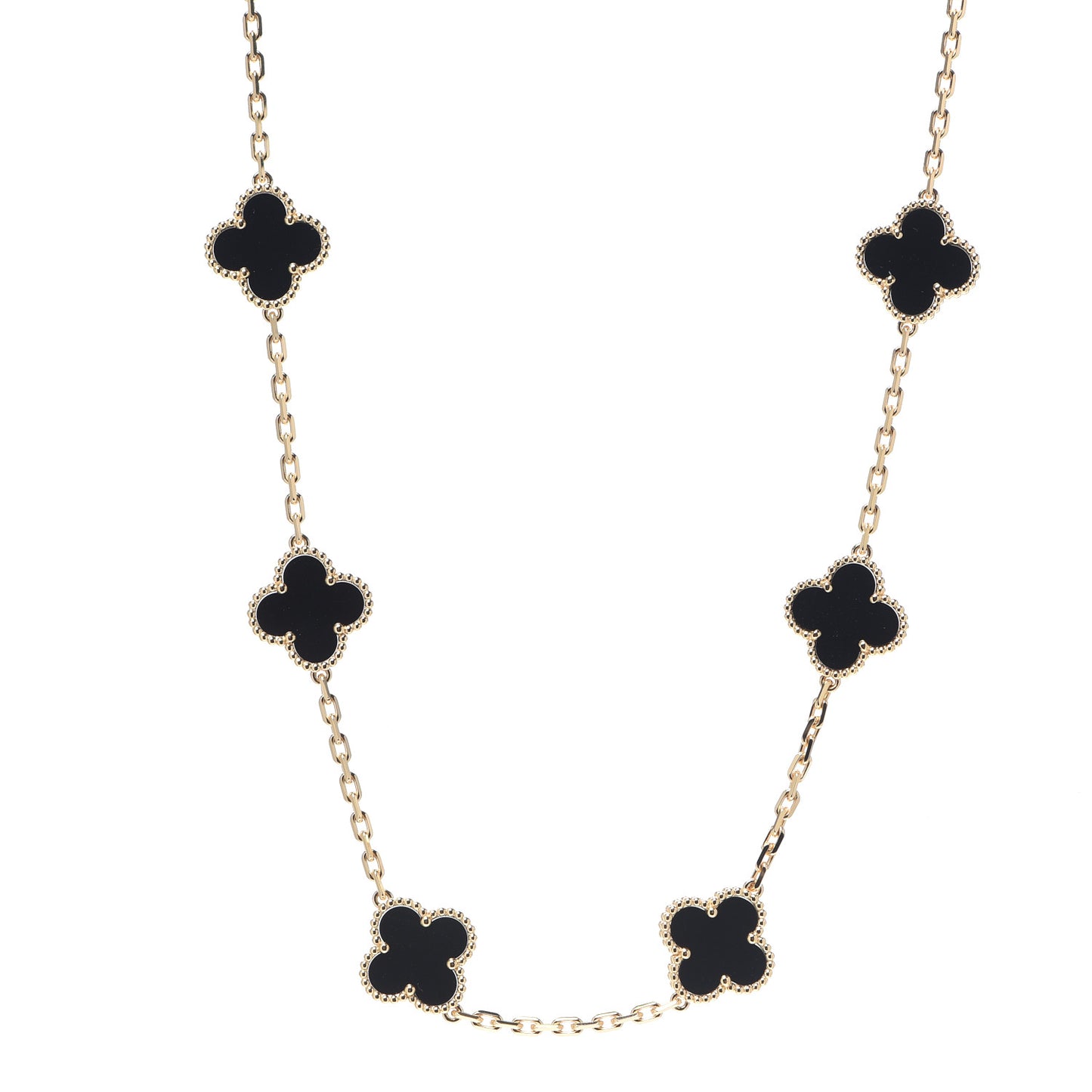 18K Yellow Gold Black Onyx 10 Motifs Vintage Alhambra Necklace