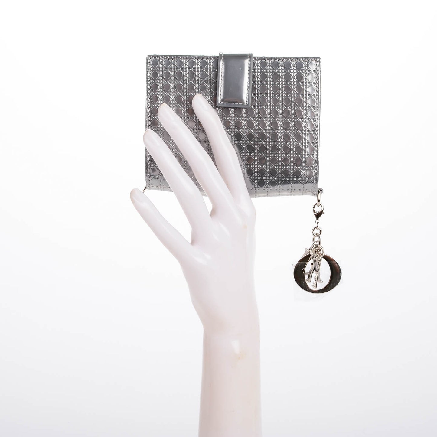 Metallic Patent Micro-Cannage Lady Dior Eden Wallet Silver