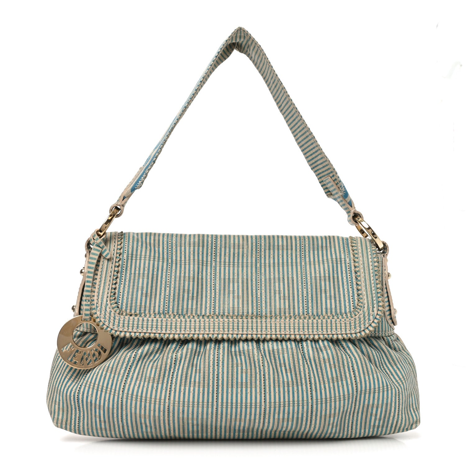 Fendi Vitello Perforated FF Striped Small Chef Bag Blue White 1 of 10