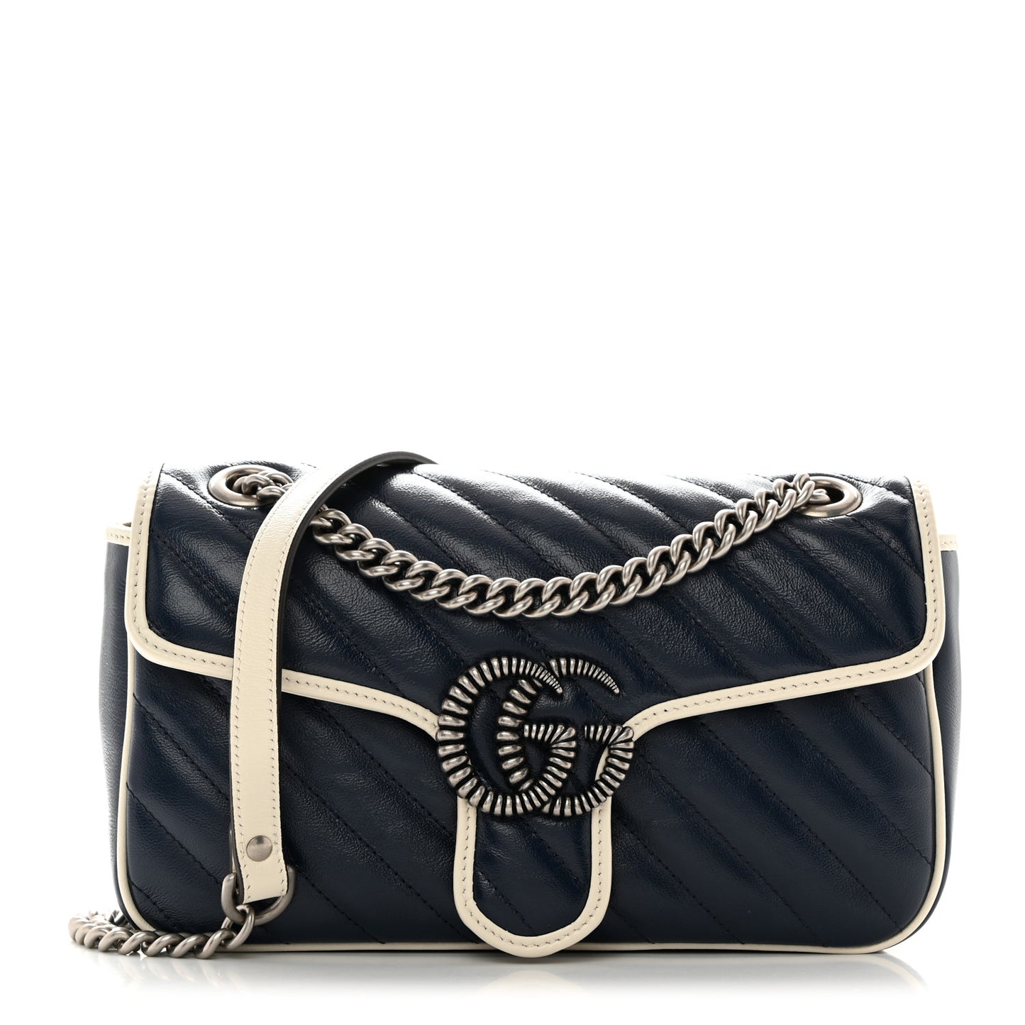Vintage Effect Calfskin Matelasse Diagonal Small Torchon GG Marmont Shoulder Bag Blue Agata Mystic White