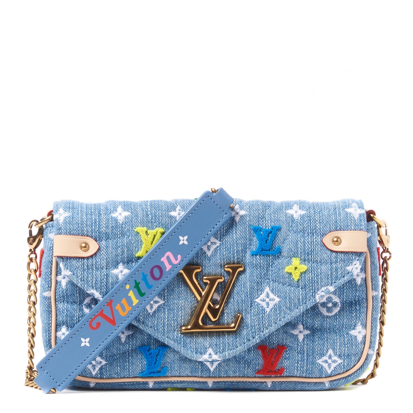 Embroidered Monogram Denim New Wave Chain Pochette Blue