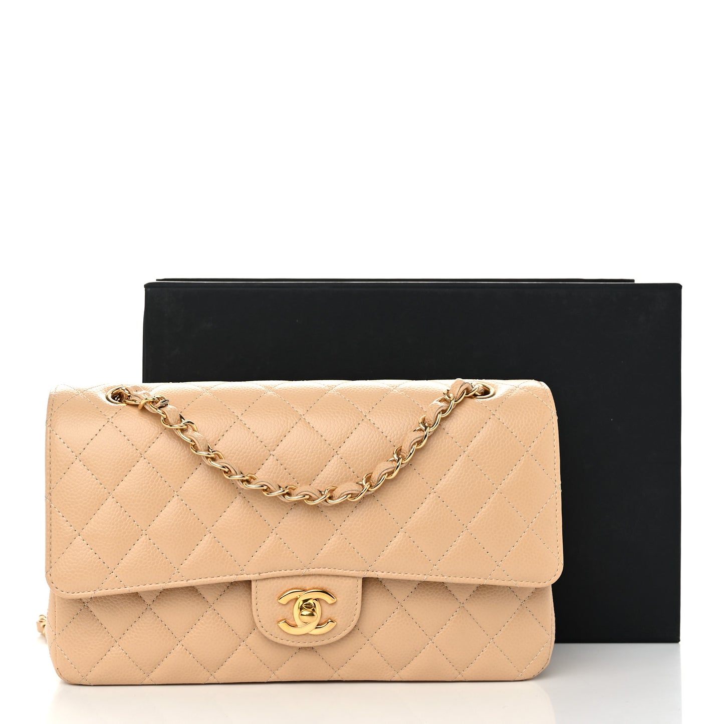 Caviar Quilted Medium Double Flap Beige