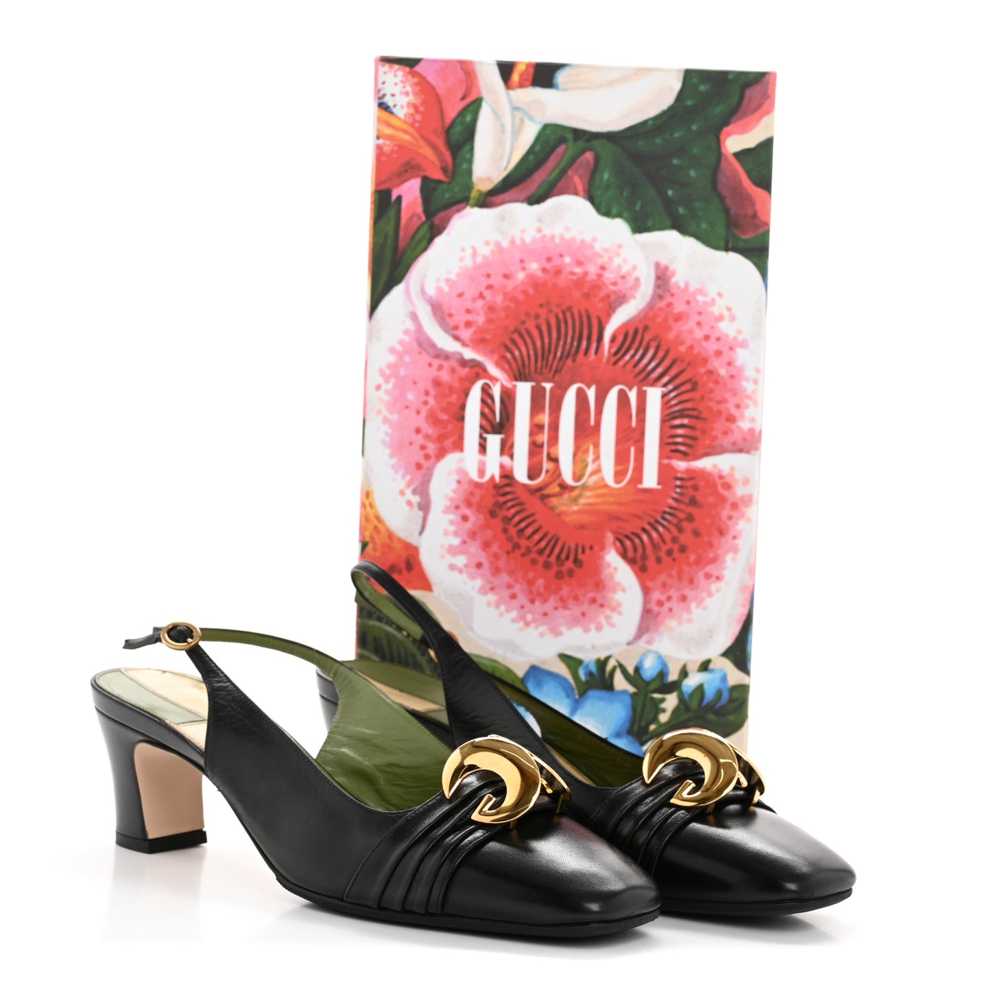Malaga Kid Half Moon GG Square Toe Slingback Pumps 39.5 Black