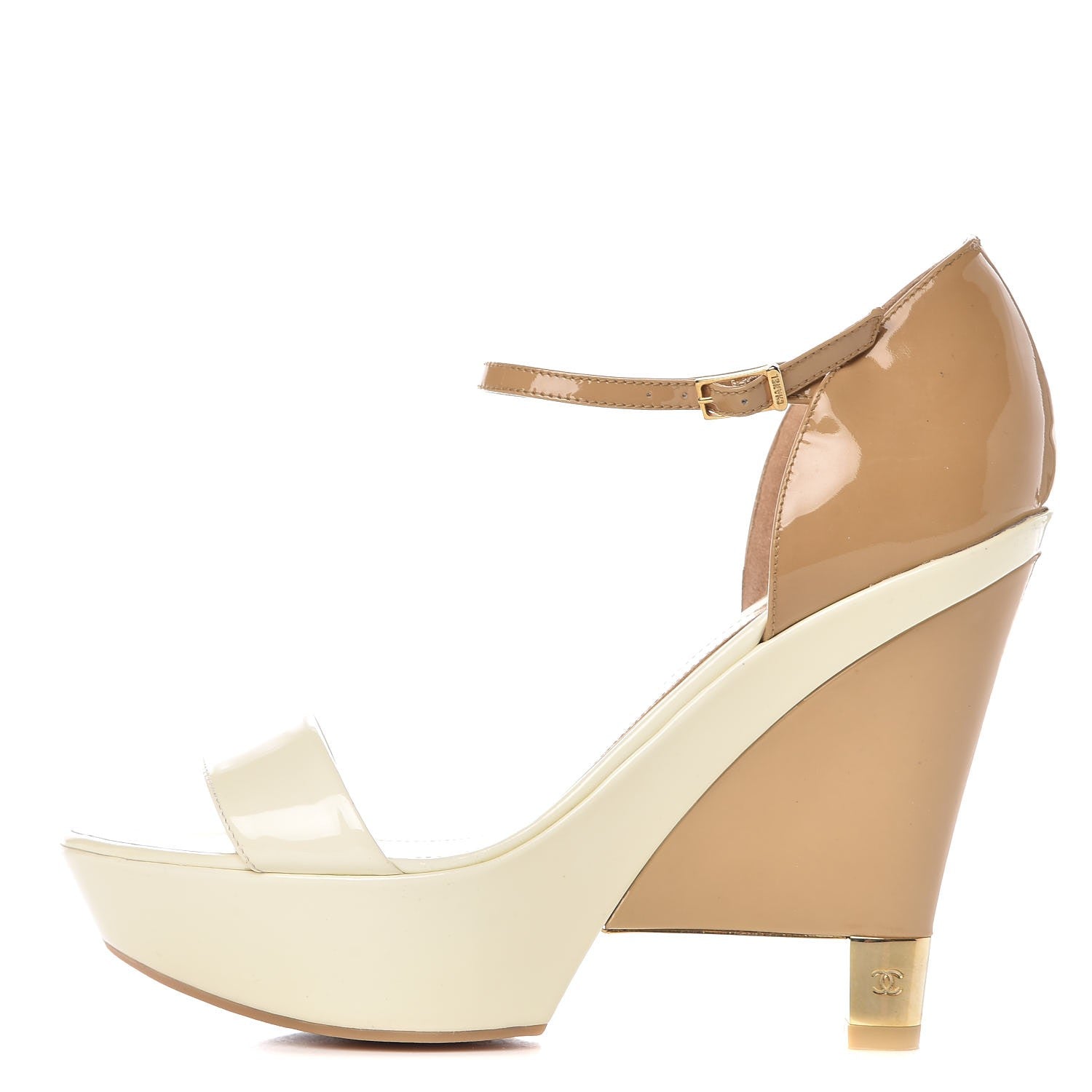 Chanel Patent CC Wedge Sandals 40.5 Nude Beige 1 of 13