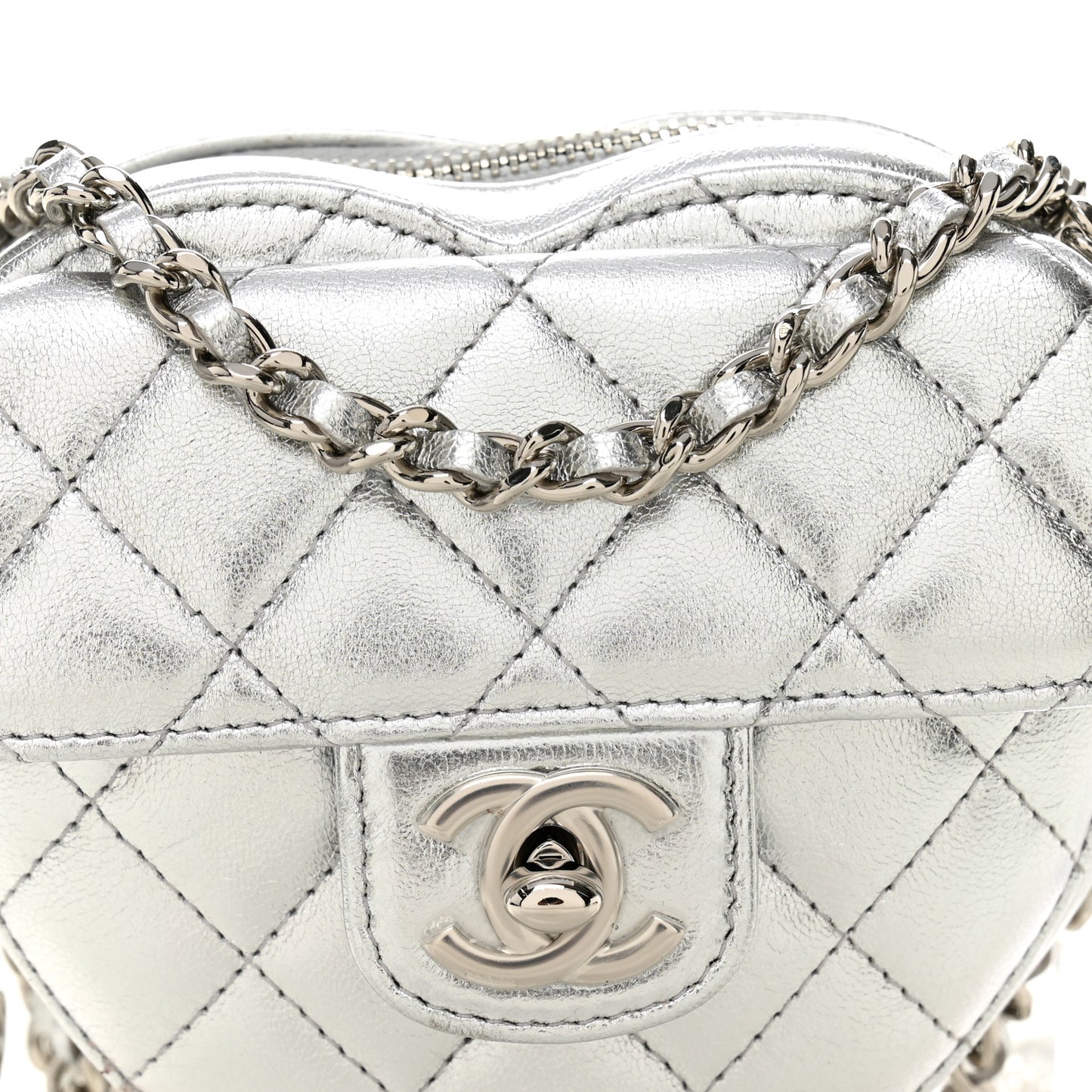 Metallic Lambskin Quilted CC In Love Heart Clutch With Chain Silver