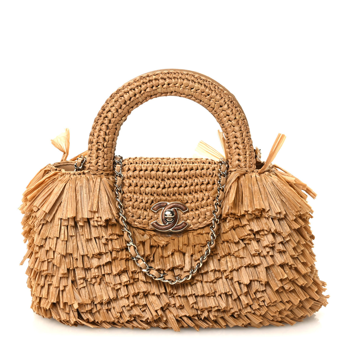 Raffia Fringe Nano Kelly Shopper Dark Beige