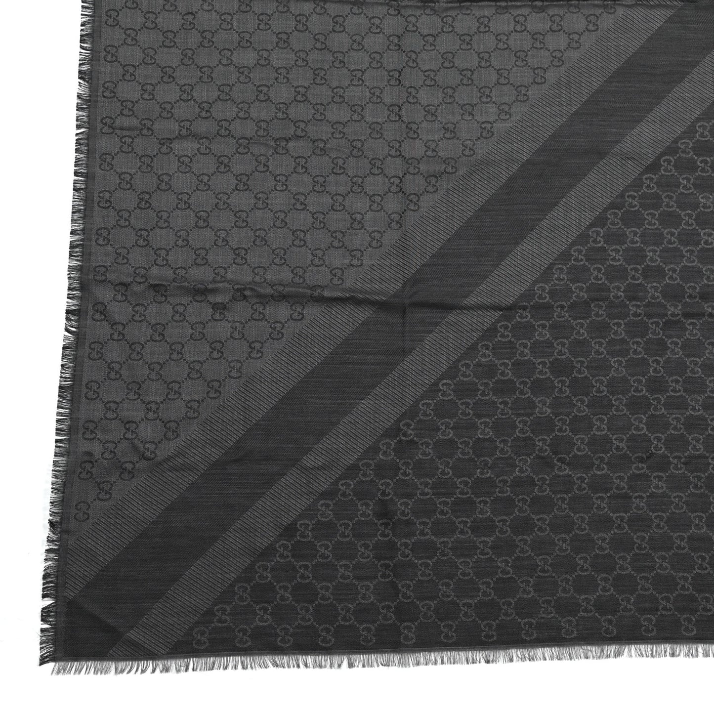 Wool Silk Monogram GGWeb Fringe Shawl Black Medium Grey