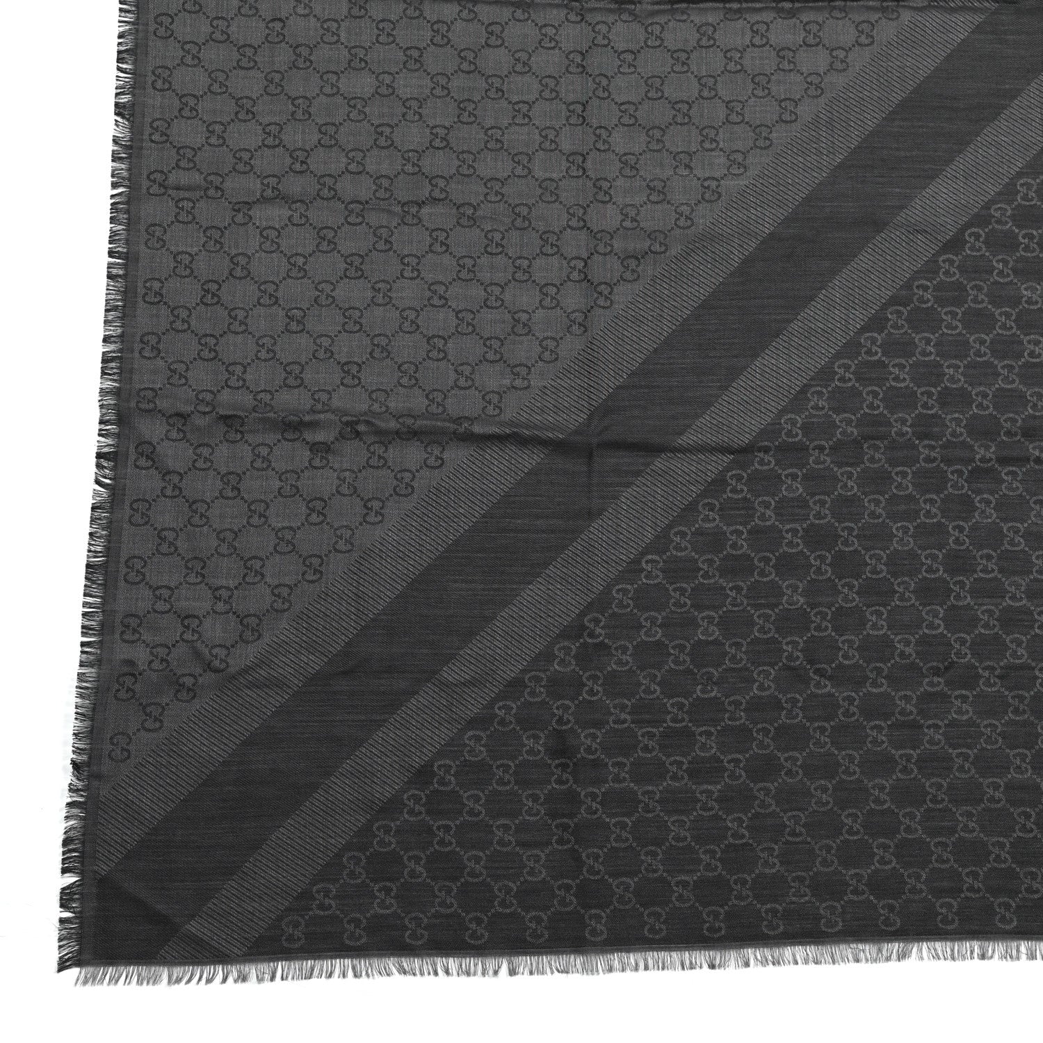 Gucci Wool Silk Monogram GGWeb Fringe Shawl Black Medium Grey 2 of 5