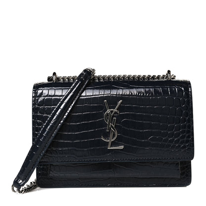 Saint Laurent Calfskin Crocodile Embossed Monogram Sunset Chain Wallet Navy 1 of 12