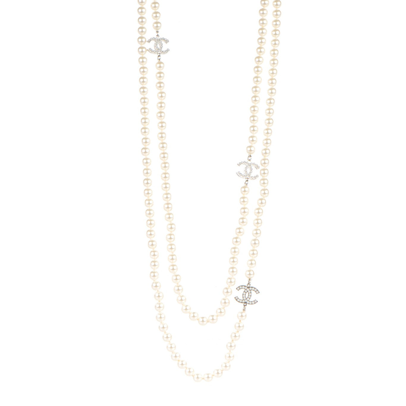 Pearl CC Long Necklace Silver