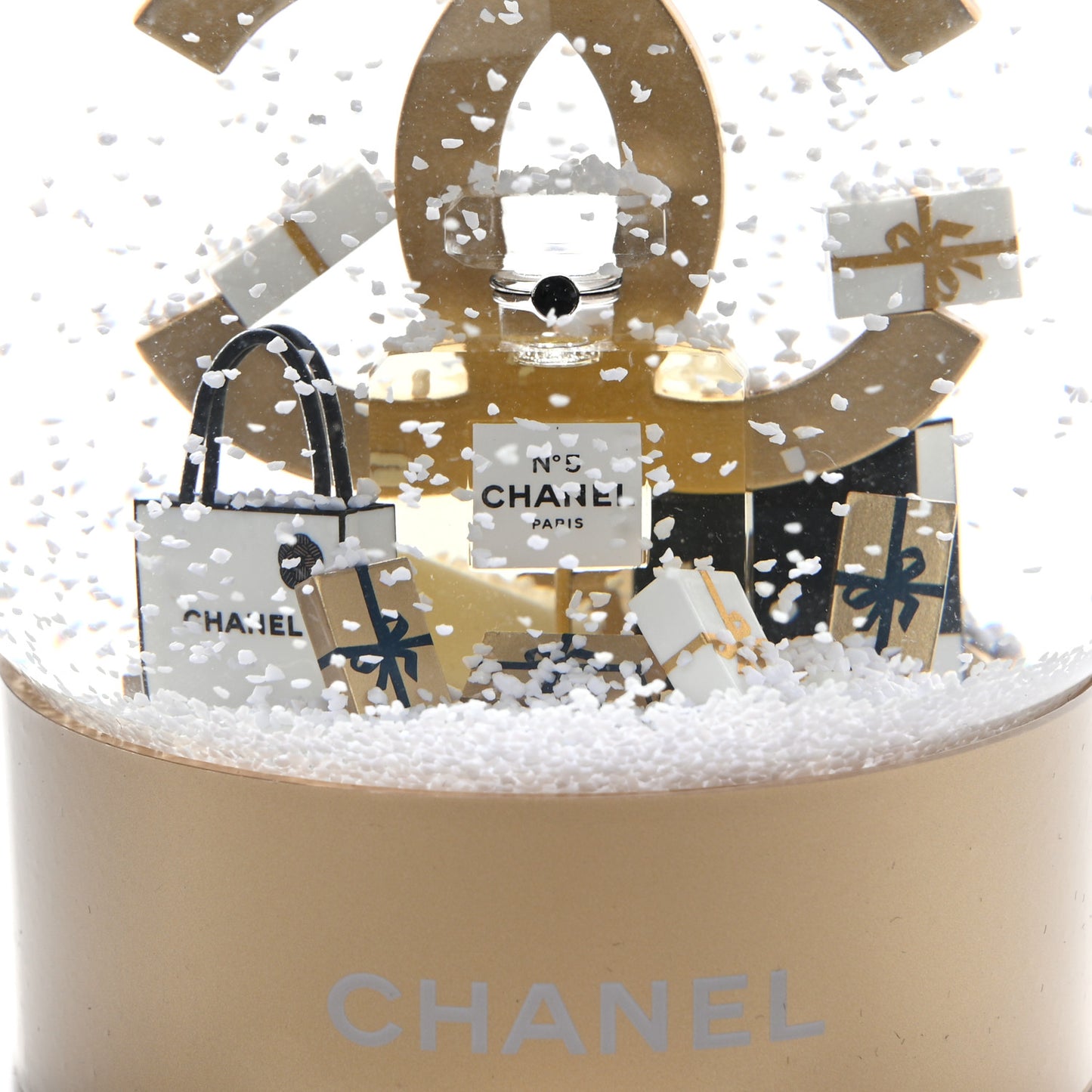 Glass CC Shopping Bag Snow Globe Gold