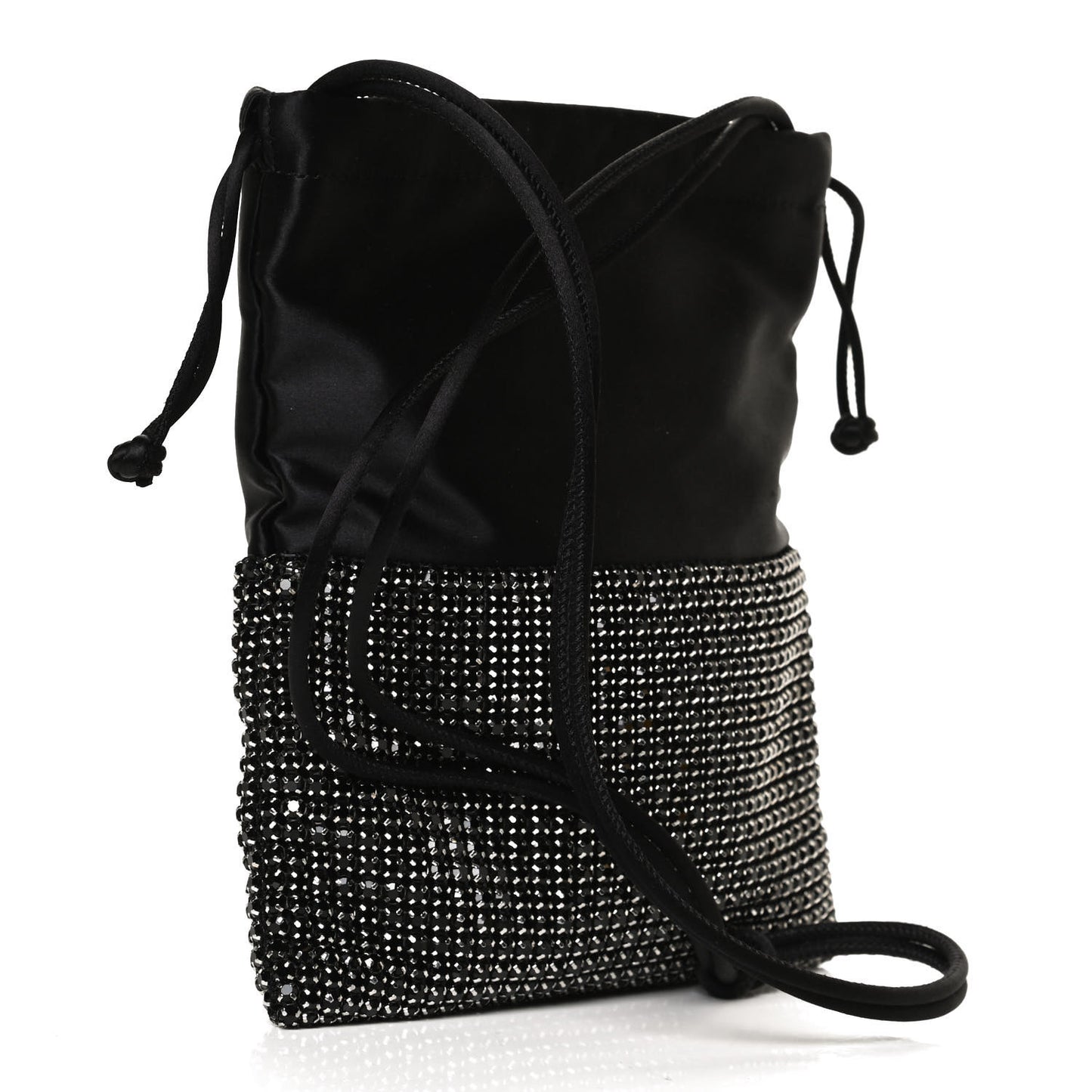 Satin Crystal Rhinestone Ryan Mini Drawstring Bag Black