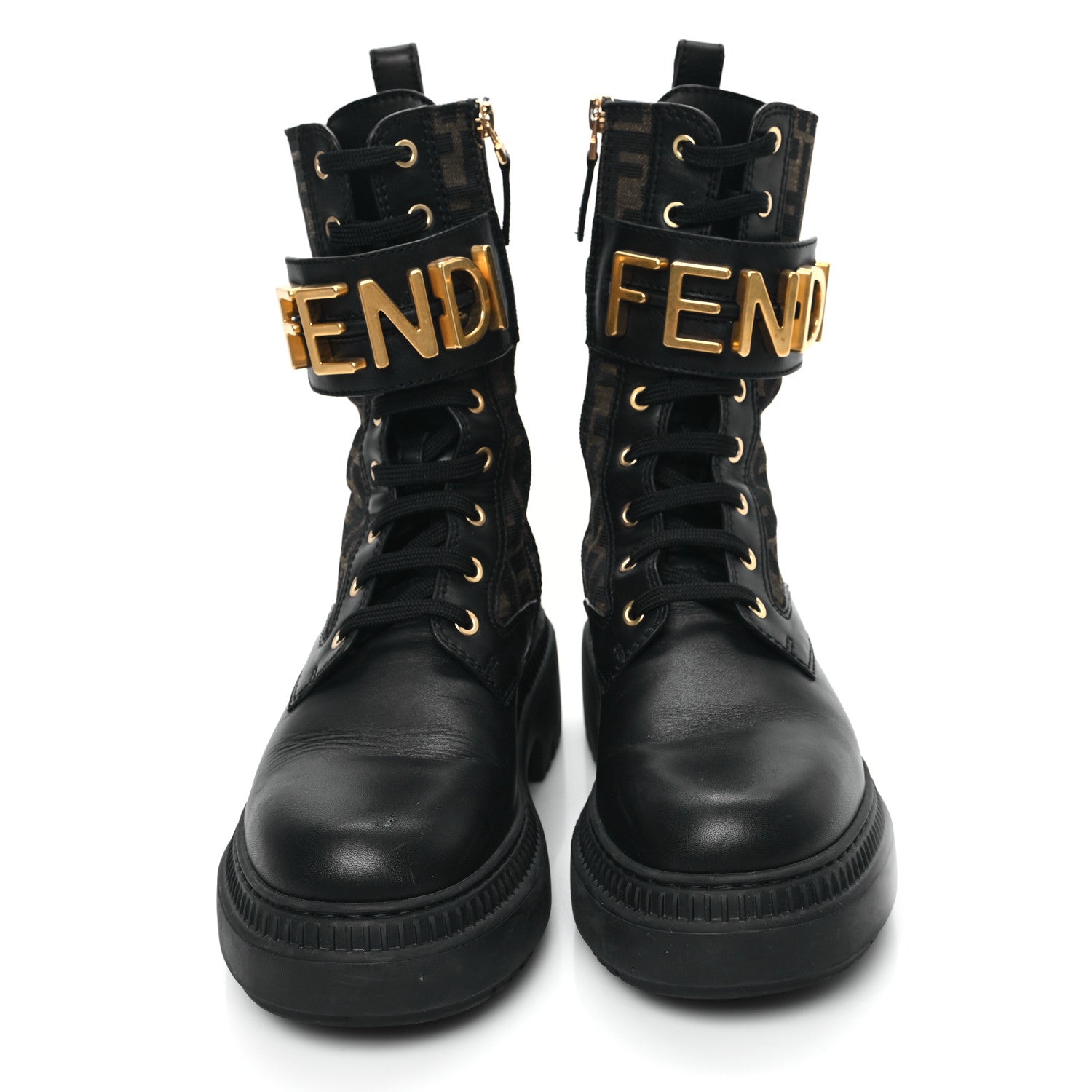 Fendi Vitello Fabric Jacquard FF Fendigraphy 50mm Biker Boots 39 Black Tobacco 2 of 12