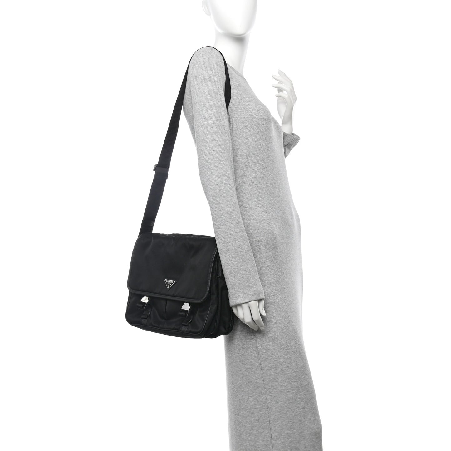 Tessuto Nylon Saffiano Large Double Snap Buckle Messenger Bag Black