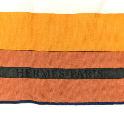 Hermes Cashmere Silk Voitures en Equilibre Shawl 140 Terracotta Mangue Vert Amande 2 of 5