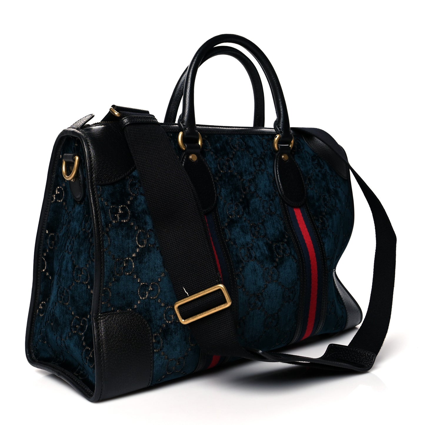 Velvet GG Monogram Textured Calfskin Web Medium Duffle Bag Blue Beige Black