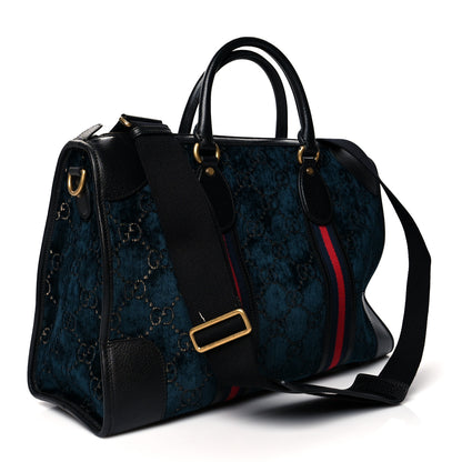 Gucci Velvet GG Monogram Textured Calfskin Web Medium Duffle Bag Blue Beige Black 3 of 13