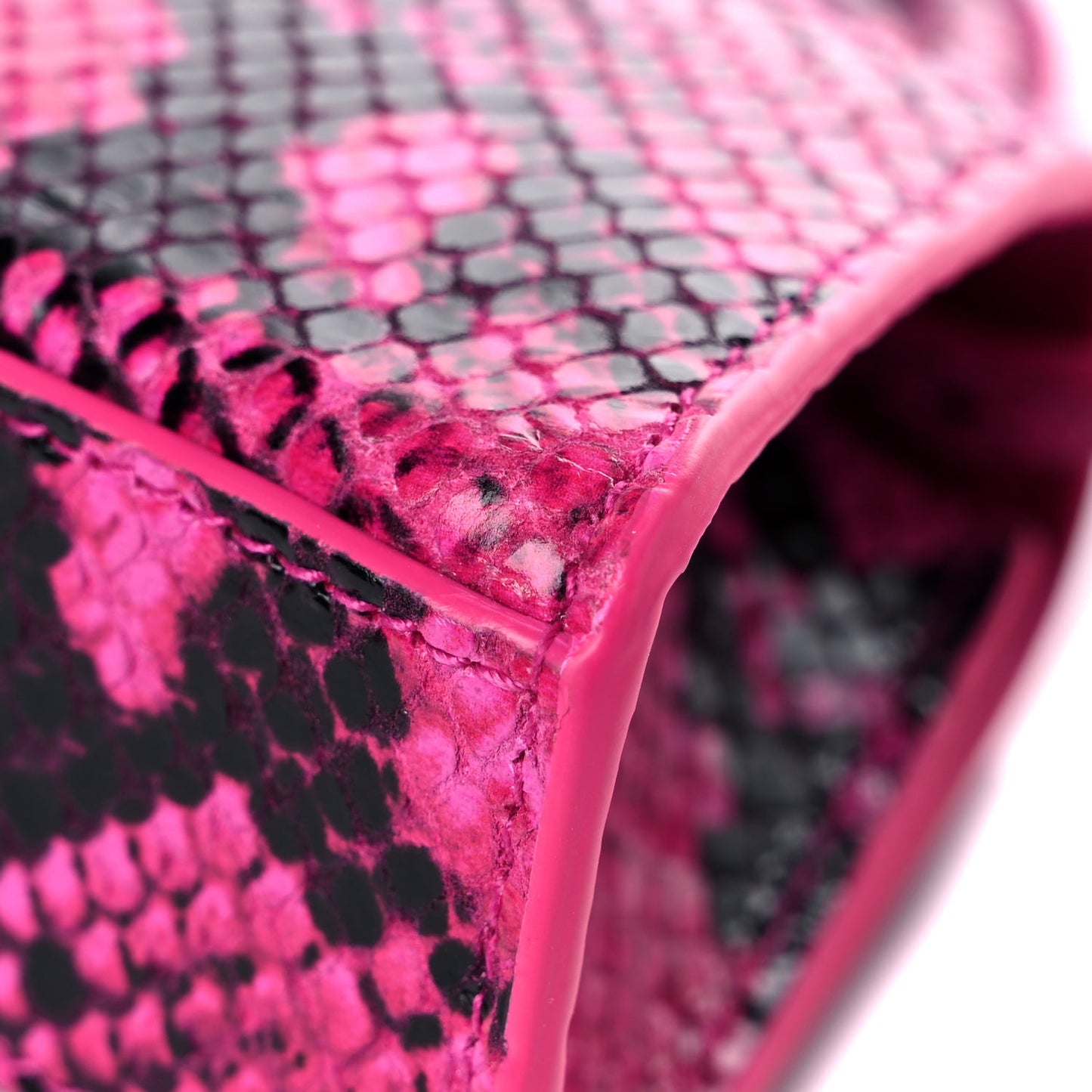 Shiny Calfskin Python Effect Hourglass Top Handle Bag Mini Fuchsia Black