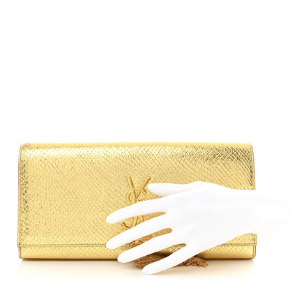 Saint Laurent Metallic Calfskin Snakeskin Embossed Classic Monogram Tassel Clutch Gold 2 of 7