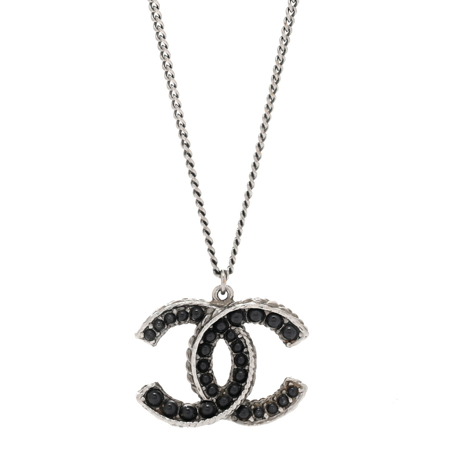 Chanel Resin CC Beaded Pendant Necklace Black Silver 4 of 6