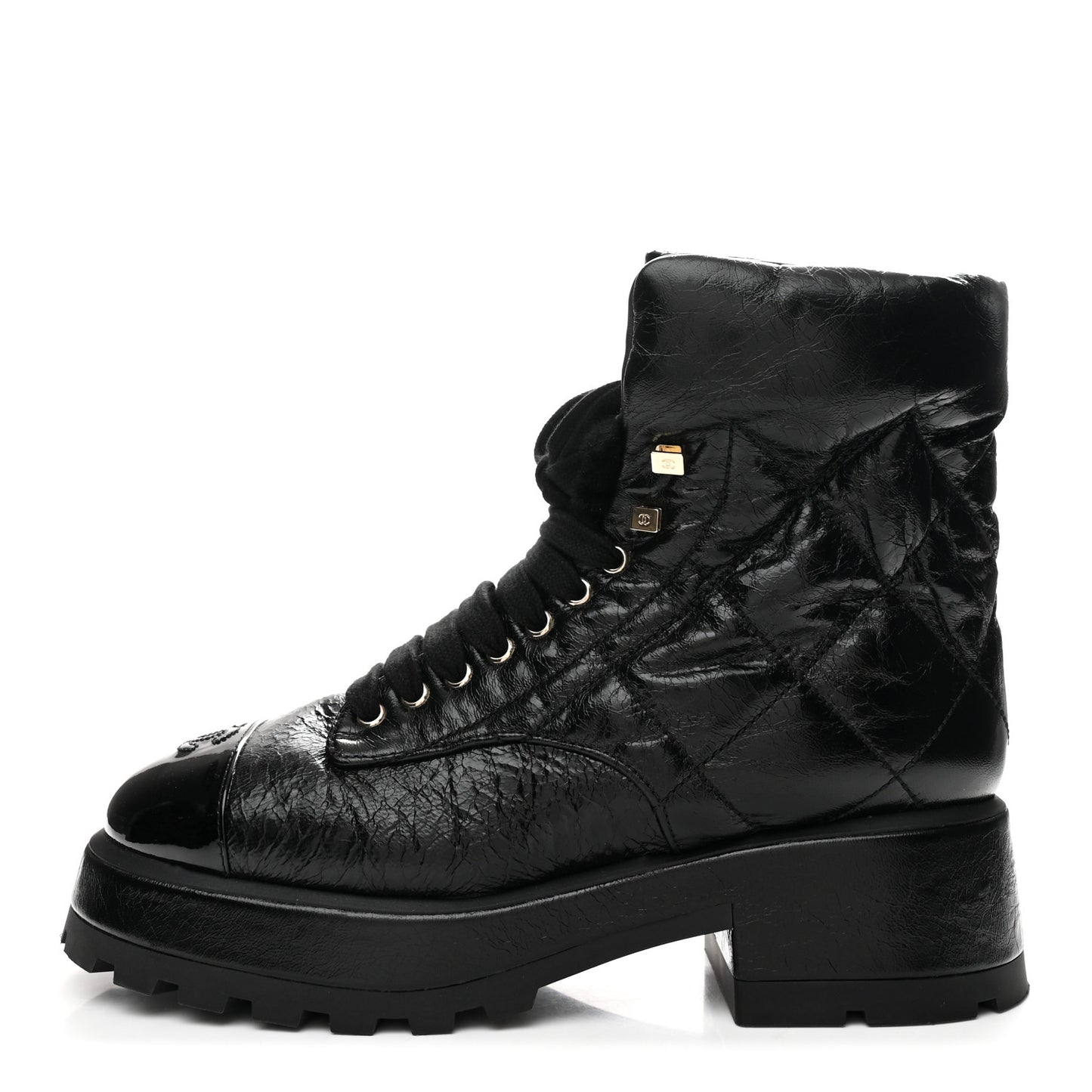 Crumpled Patent Lambskin Calfskin Quilted Lace Up Combat Boots 40.5 Black