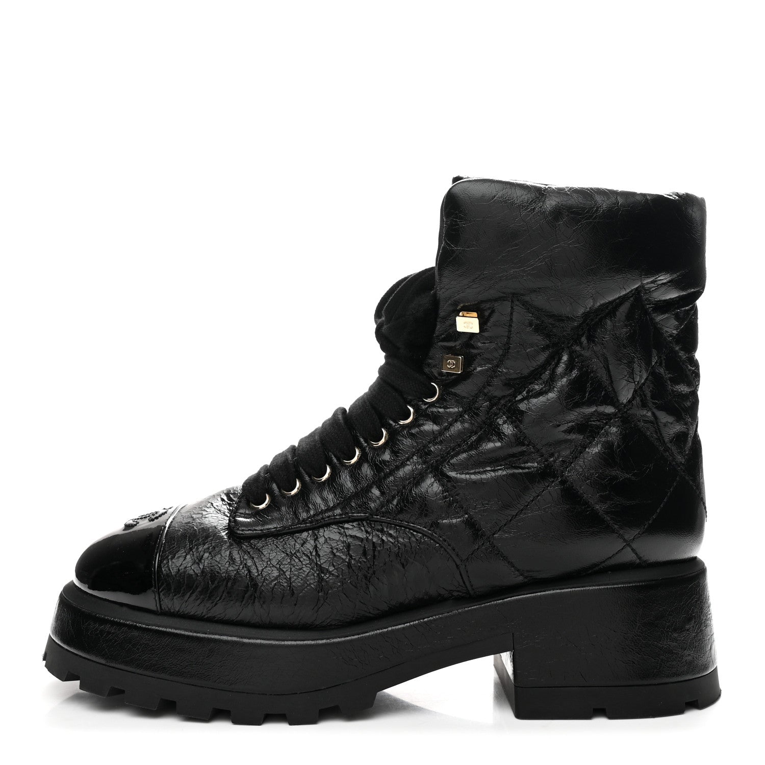 Chanel Crumpled Patent Lambskin Calfskin Quilted Lace Up Combat Boots 40.5 Black 1 of 9