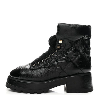 Chanel Crumpled Patent Lambskin Calfskin Quilted Lace Up Combat Boots 40.5 Black 1 of 9