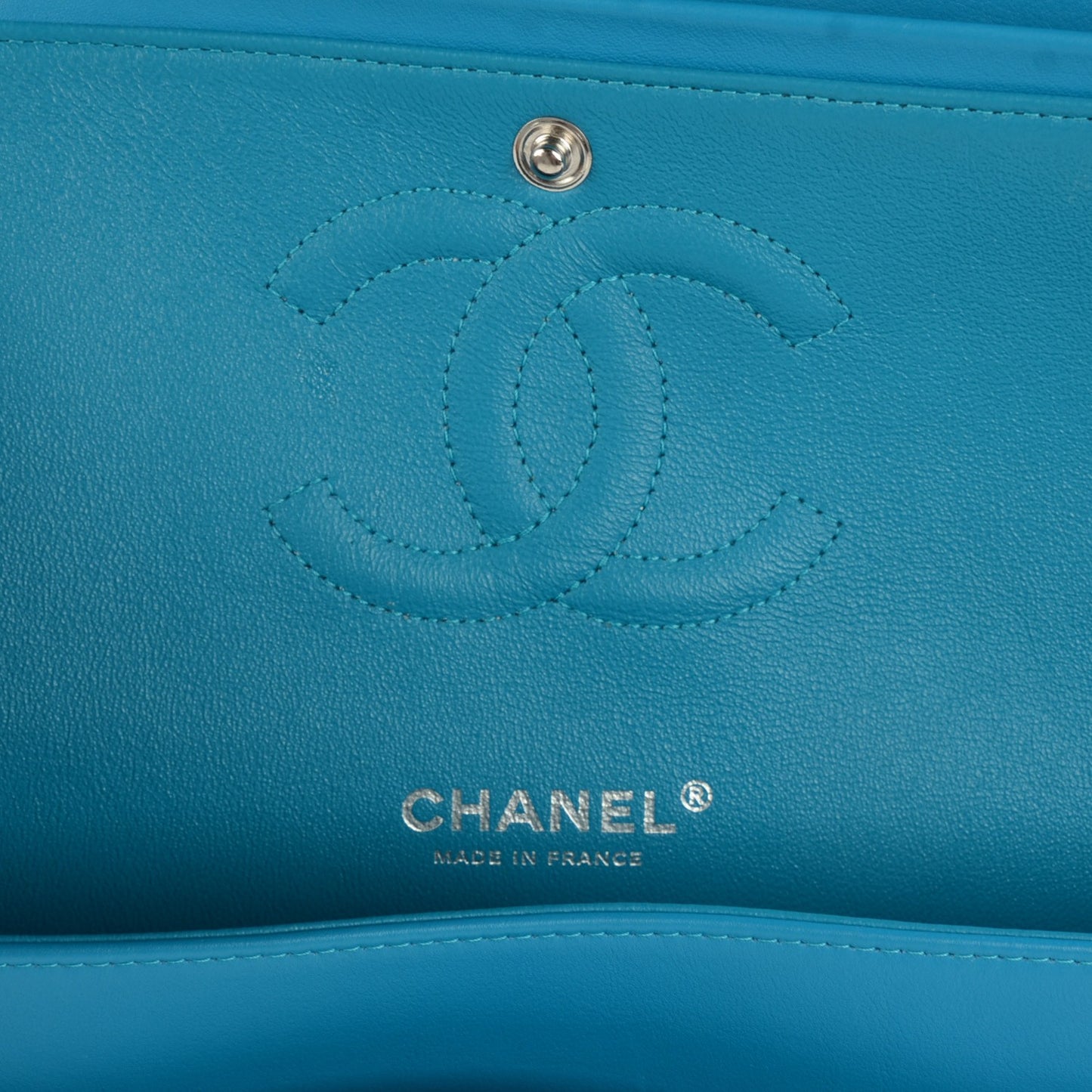 Patent Calfskin Quilted Medium Double Flap Turquoise