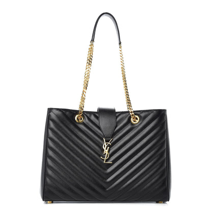 Saint Laurent Grain De Poudre Matelasse Chevron Monogram Shopping Bag Black 1 of 9