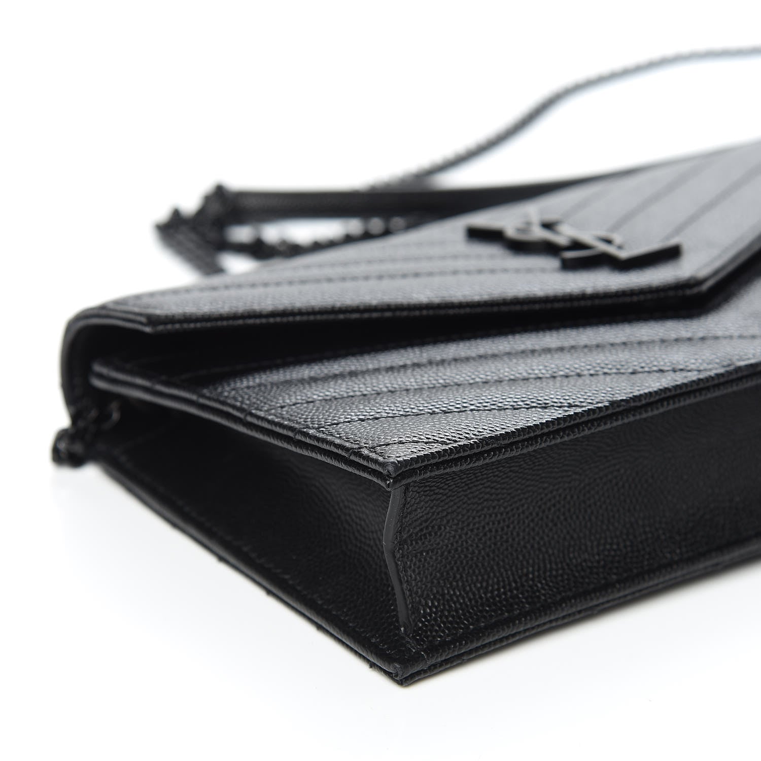 Saint Laurent Grain De Poudre Matelasse Chevron Monogram Envelope Chain Wallet Black 8 of 12