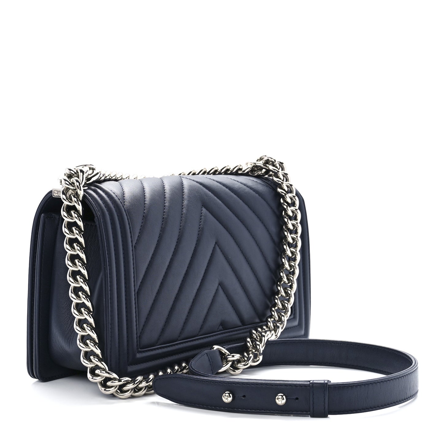 Lambskin Chevron Quilted Medium Boy Flap Navy Blue