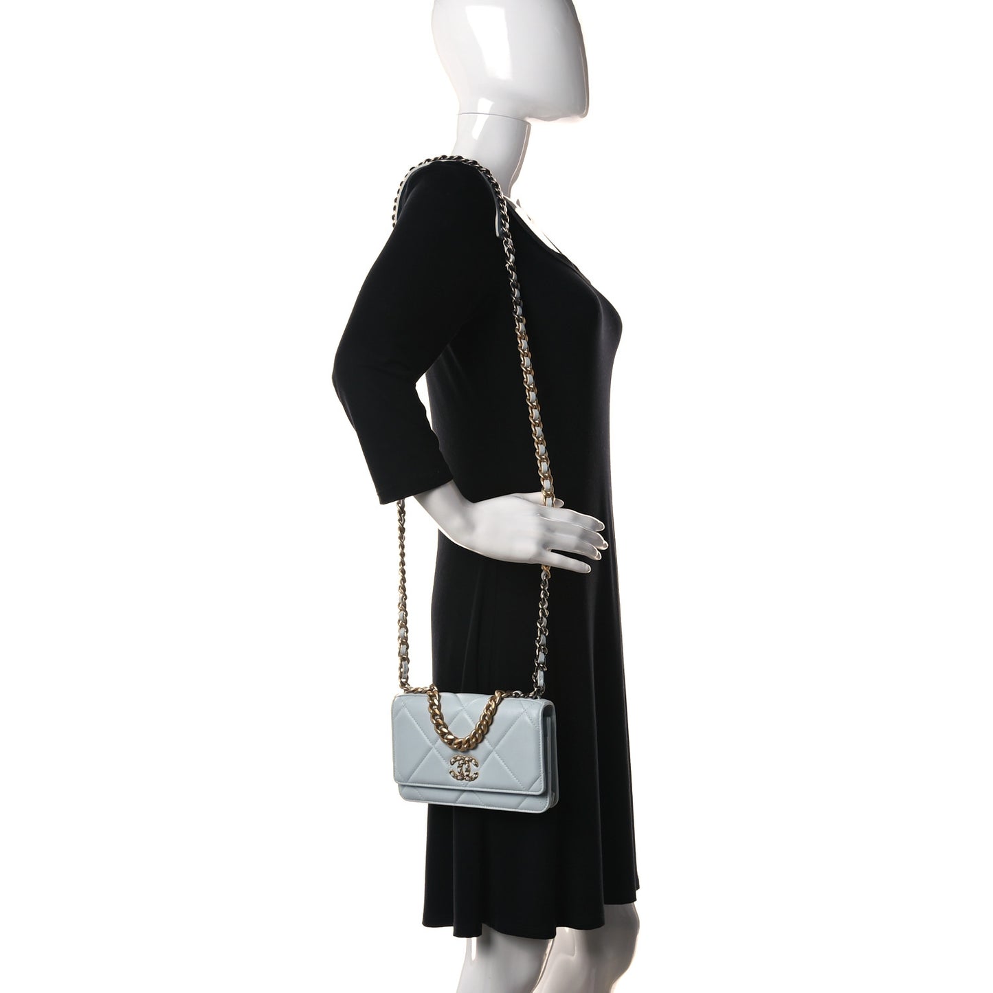 Lambskin Quilted Chanel 19 Wallet On Chain WOC Light Blue