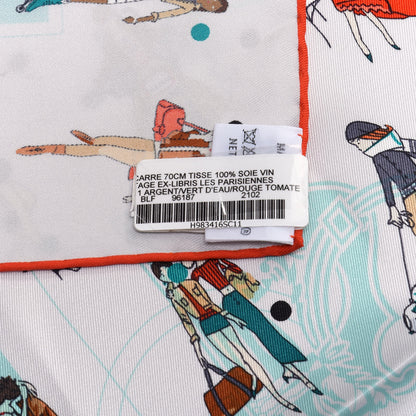 Hermes Silk Ex-Libris Les Parisiennes Scarf 70 Argent Vert D'eau Rouge Tomate 6 of 8