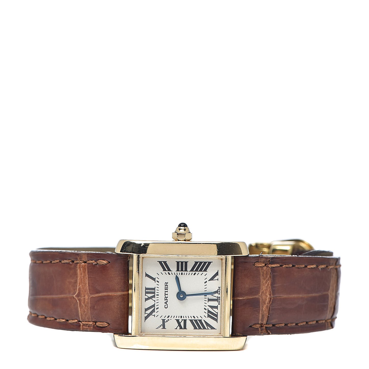 18K Yellow Gold Alligator 20mm Tank Francaise Quartz Watch Brown