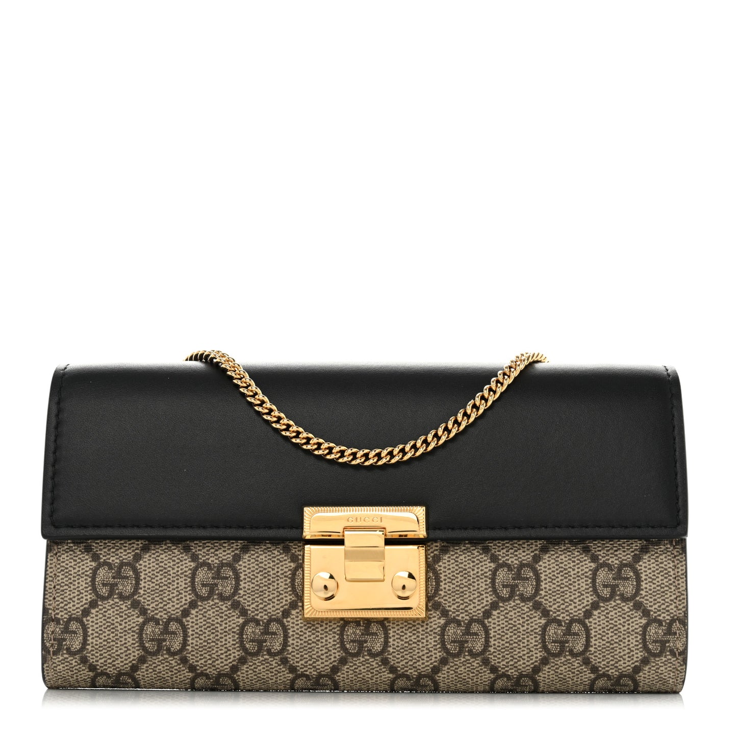 GG Supreme Monogram Moon Calfskin Padlock Continental Chain Wallet Beige Ebony Black